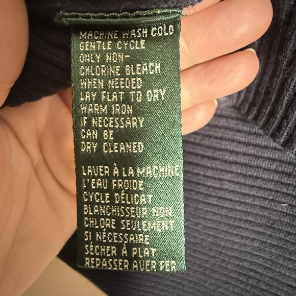 Lauren Ralph Lauren Ribbed Slim Fit T-Neck Sweater, NAVY Cotton, Red Pony~Large - Picture 6 of 8